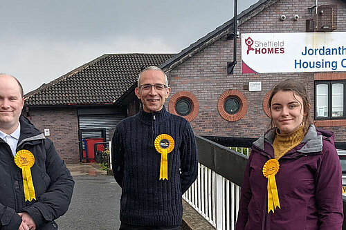 Liberal Democrat councillors standing in front of Jordonthorpe Housing Office
