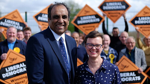 Shaffaq Mohammed and Hannah Kitching in front of a team of Sheffield Liberal Democrats